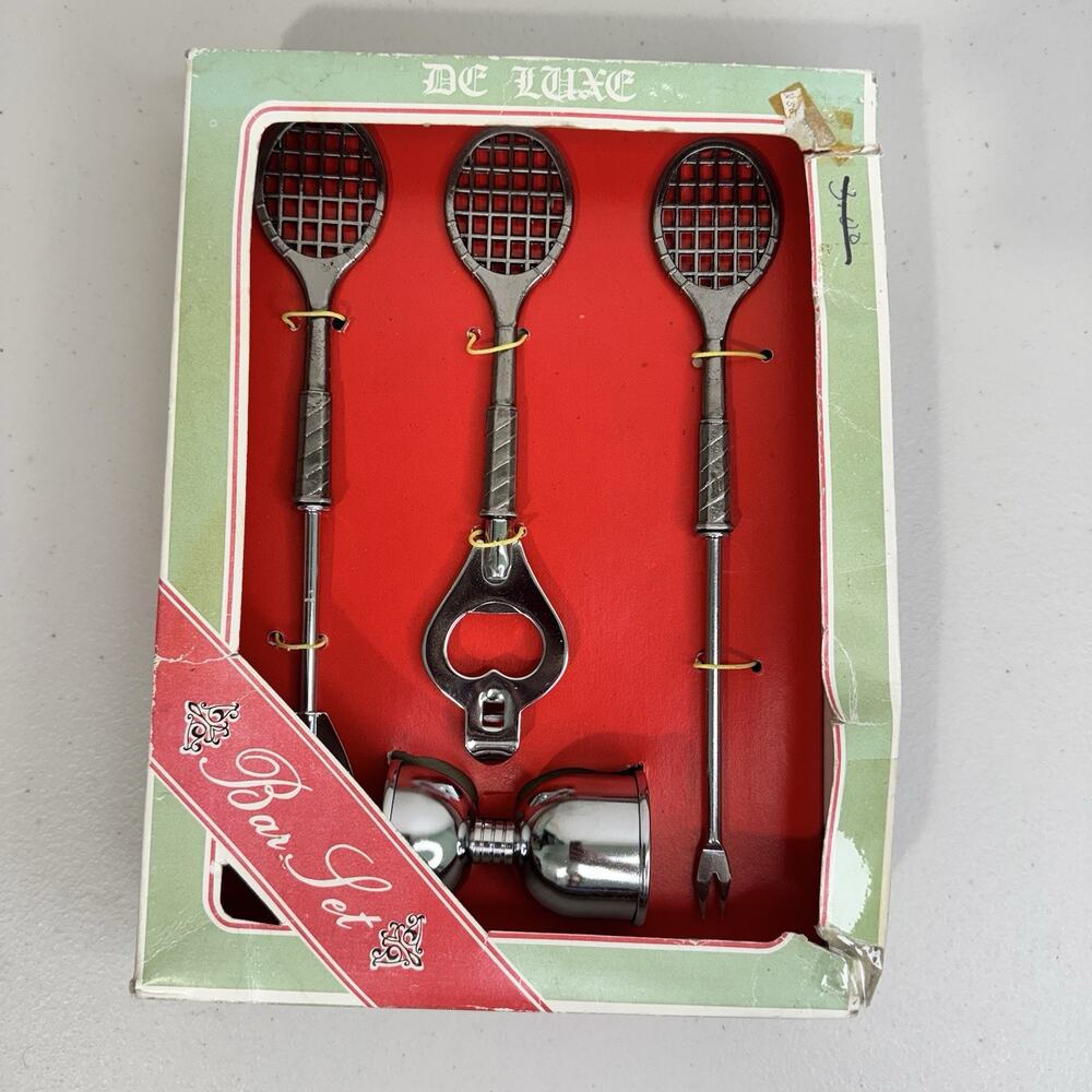 De Luxe Bar Set Tennis Racquet Bottle Opener Condiment Stick Spoon Peg Measure